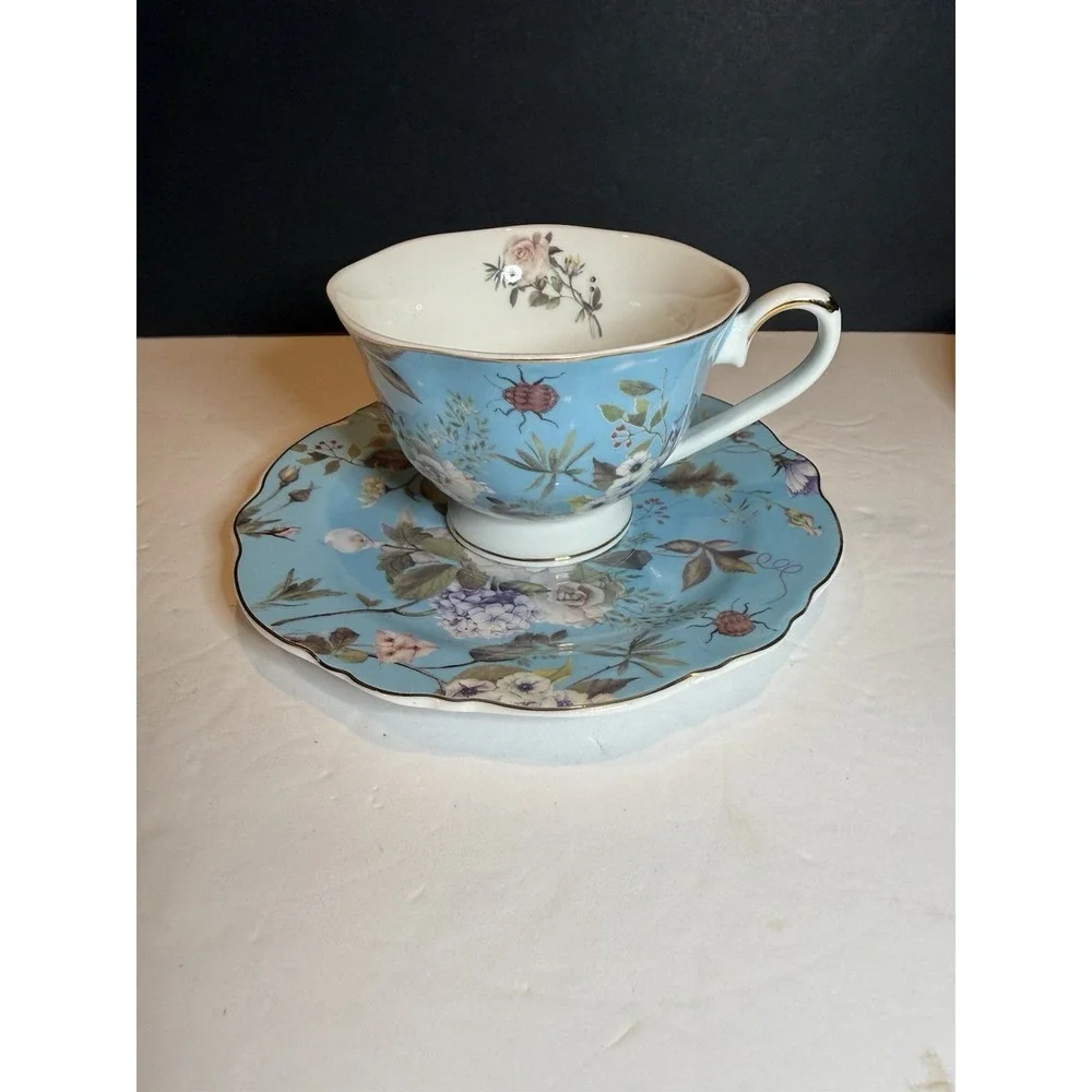 Grace Teaware Blue Floral Garden Oversized Teacup & Saucer Porcelain Gold Trim